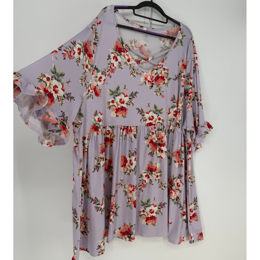 Curvy Lovey Floral Tunic Womens 5XL Lavender Criss Cross Bell Sleeve Peplum Boho
